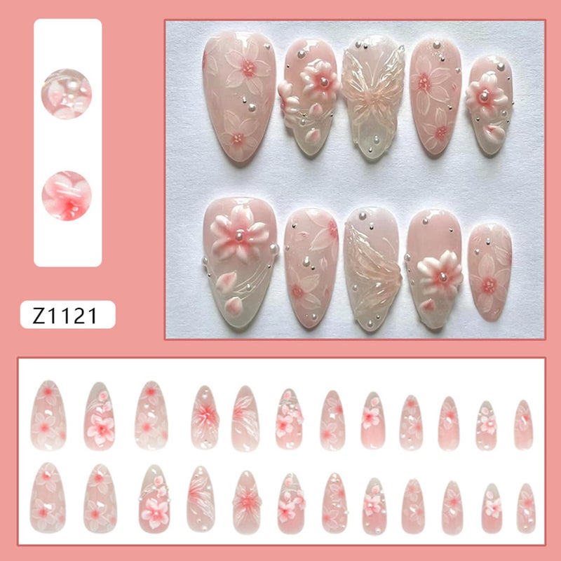 CJDLTS Pink Flower Press on Nails Medium Almond Shaped Artificial Acrylic Nails Gradient 3D Floral with Pearl Design Stick on Nails Full Cover Reusable Coffin Artificial Fingernails for Women Manicure - Image 3
